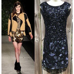 Tracy Reese Black Runway Sequin Sleeveless Blue Mini Dress Embellished Animal